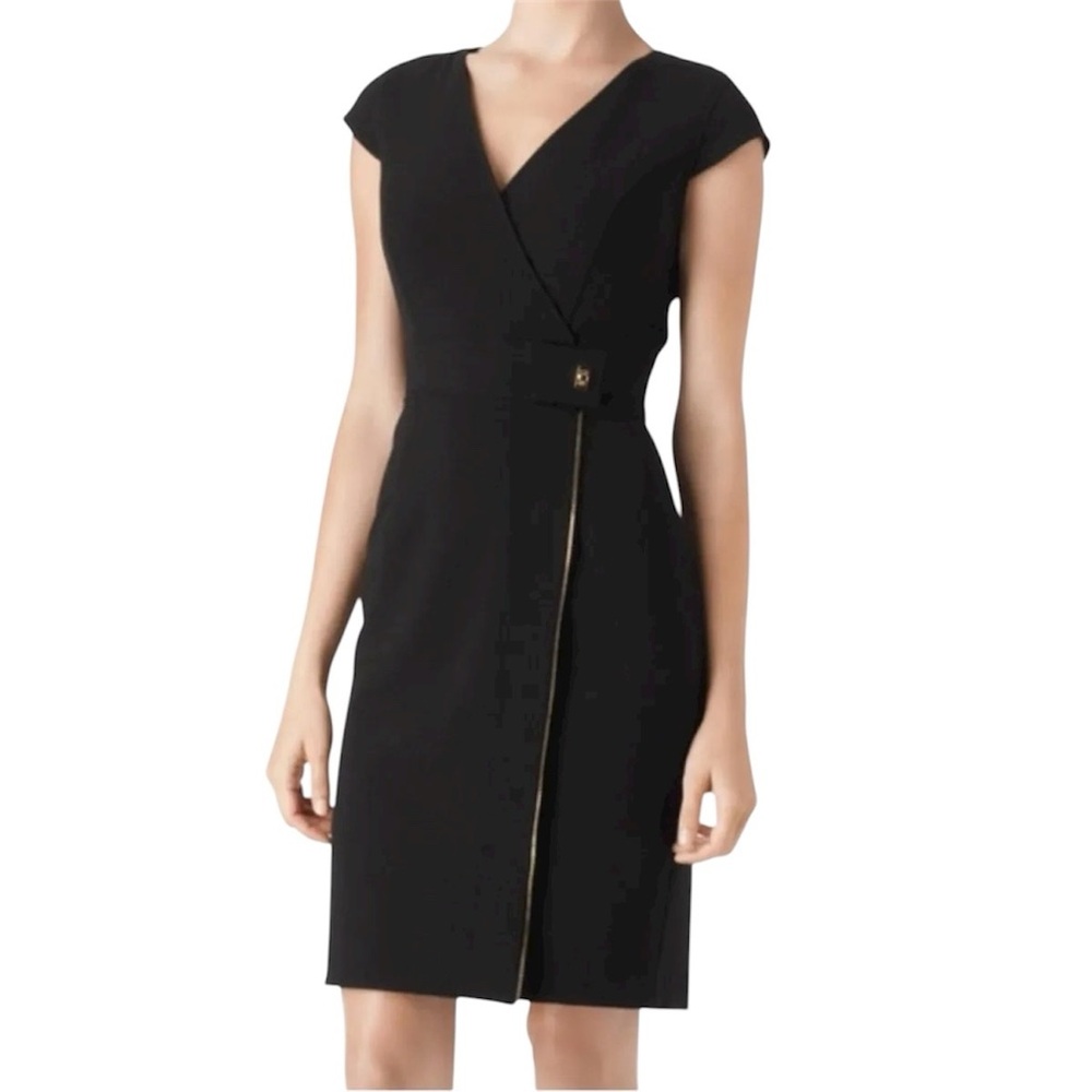 CALVIN KLEIN Black Wrap Knee Length Dress Cap Sleeves Zipper Detailing Size 0